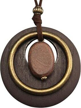 NEW Boho Leather Cord Necklace Chain Wooden & Large Metal Pendant Jewelry Round